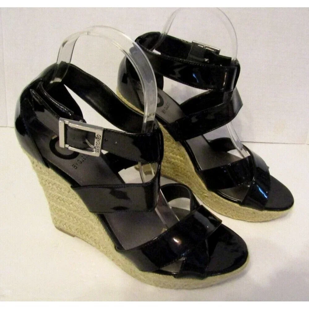 G by GUESS Black Patent Espadrille Wedge Sandals Ankle Strap Sz 8M